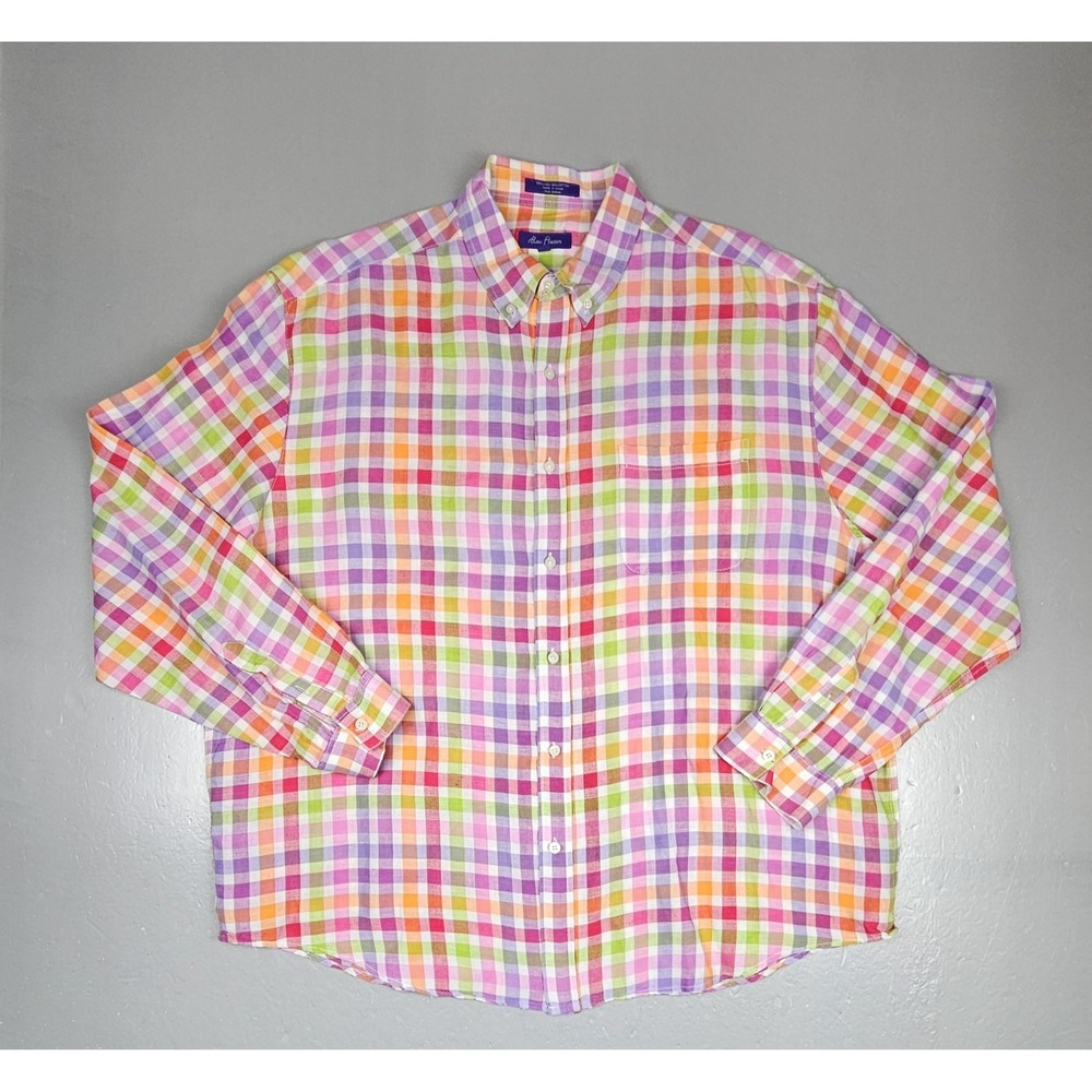 Alan Flusser Button Down Shirt Mens 2XL. Checkered Multi‎ Colored Linen Blend